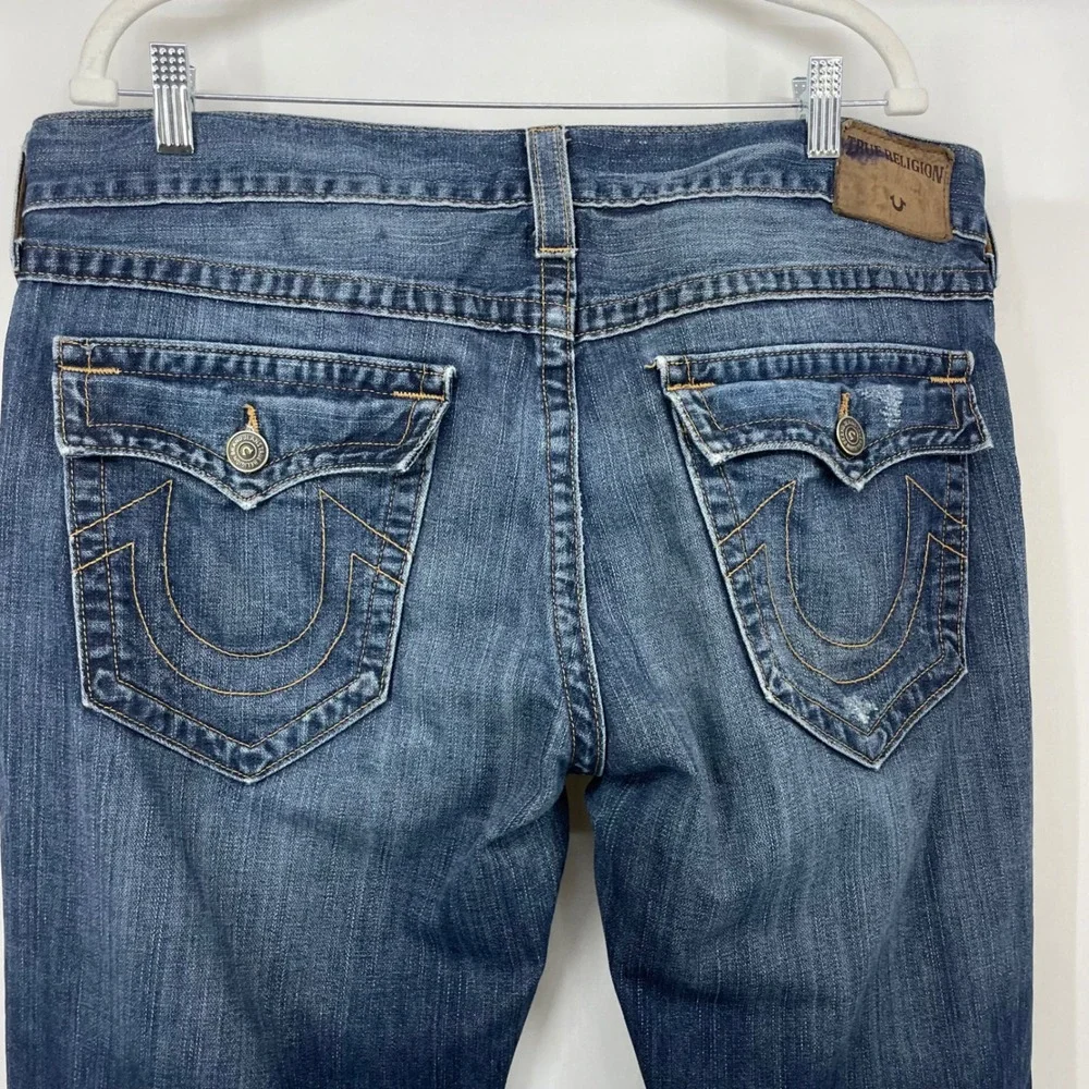 True Religion Mens Size 38x34 Ricky Relaxed‎ Straight Jeans Dark Wash Distressed